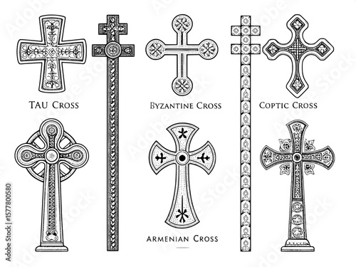 Eight historical Christian cross variations drawn as technical black line illustrations. The crosses include the Tau Cross, Byzantine Cross, Coptic Cross, and Armenian Cross. Each is clearly labeled i