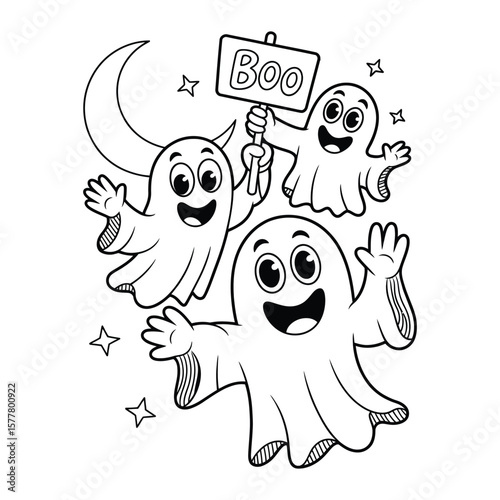 Three friendly ghosts holding a “BOO” sign with stars, moons, and bats in black and white coloring page