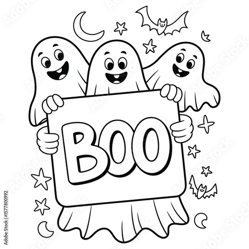Three friendly ghosts holding a “BOO” sign with stars, moons, and bats in black and white coloring page