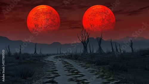 Crimson Twin Moons Over Desolate Landscape