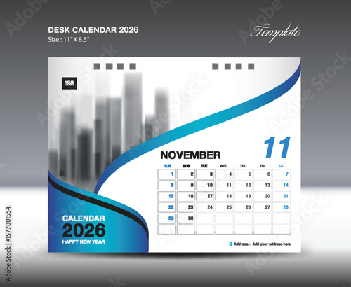 November 2026 - Calendar 2026 year template, Desk Calendar 2026 design, Wall calendar design, planner, Poster, Design professional calendar vector, organizer, inspiration creative printing