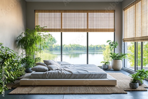 A modern bedroom with clean lines, a low-profile bed surrounded by indoor plants, large windows with bamboo shades, and a peaceful view of a serene lake in the distance.