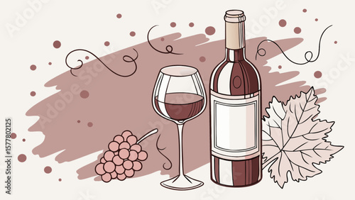 Elegant wine bottle and glass with grapes and leaf for wine tasting and celebration design concept