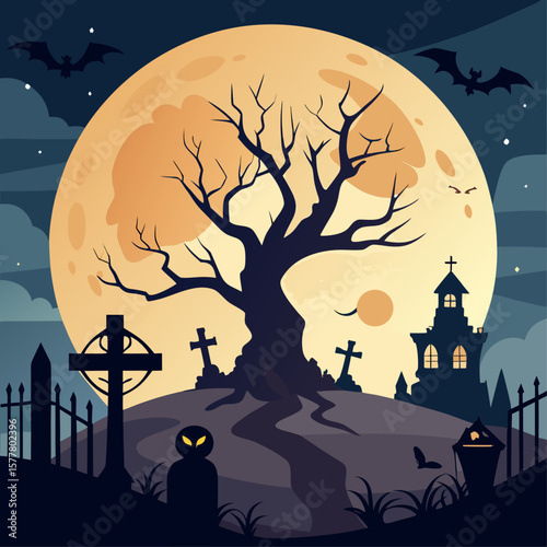 Spooky halloween graveyard scene with a large full moon and haunted house