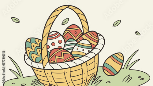Happy easter basket with colorful easter eggs and leaves perfect for easter egg hunt and easter celebration