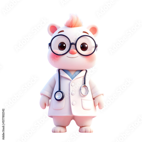 A cute cartoon bear dressed as a doctor, wearing glasses and a stethoscope, isolated on a transparent background