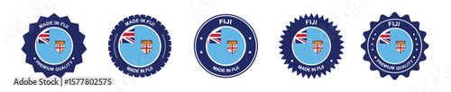 fiji product label set. Fiji flag, premium made in Fiji. Labels, seals, stamps, flags, icons