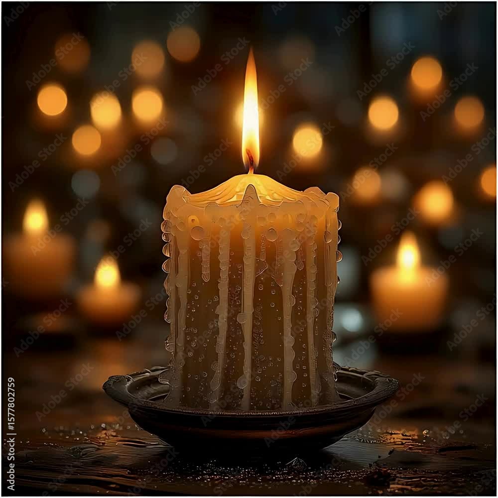 Candlelit Serenity: A single, brightly lit candle, surrounded by soft, blurred lights, embodies warmth, peace, and contemplation. Its wax drips like liquid gold.
