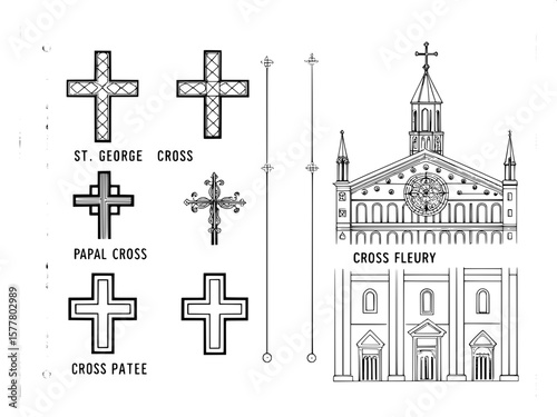 Educational diagram of ten types of Christian crosses in line art style. Each cross is rendered in black with clean, geometric outlines and labeled accordingly: St. George’s Cross, Papal Cross, Cross 