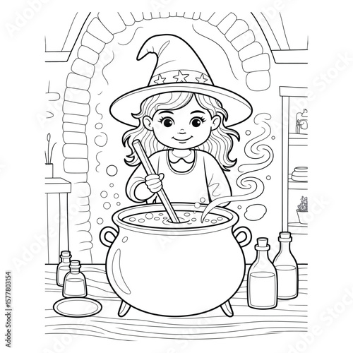 Young witch girl stirring bubbling potion in cozy cottage with cauldron and magical details in black and white line art