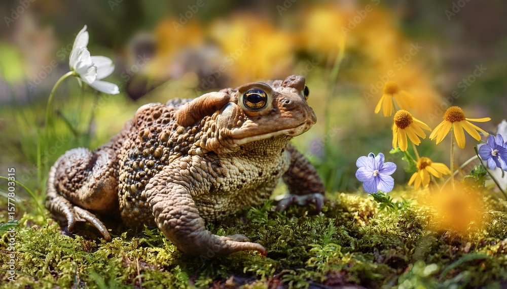 Obraz premium woodhouse s toad on moist ground with moss and blooming wildflowers