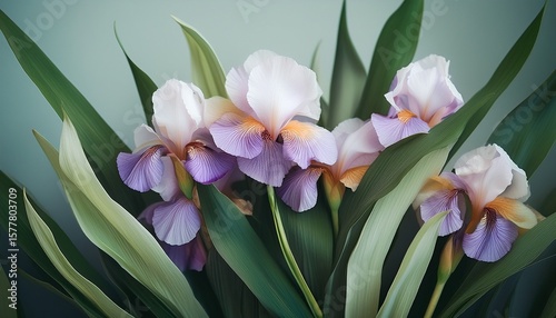 delicate irises with long green leaves