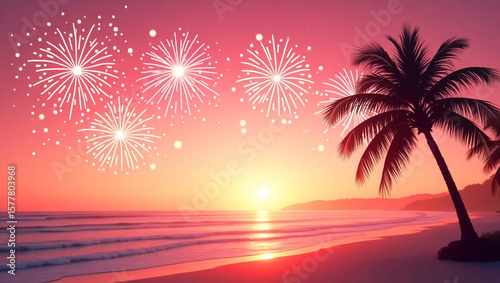 A beach sunset with palm trees, ocean waves, and fireworks in a pink sky.