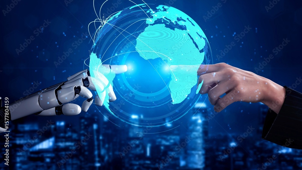 Fototapeta premium AI supports global data exchange with intelligent infrastructure, virtual assistant visualizations, and artificial intelligence tools for network connectivity analysis. Thunk