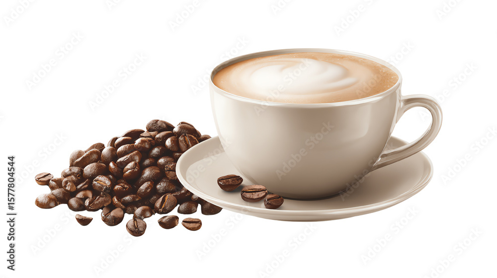 Obraz premium A cozy cup of latte with fresh coffee beans on the side, perfect for coffee lovers and cafe ambiance.