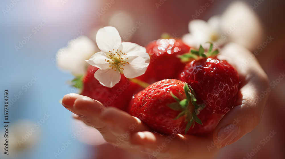 Obraz premium Bright fresh red strawberries in a female hand surrounded by strawberry flower petals on a sunny day captured with natural lighting