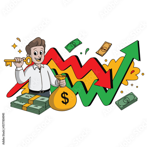 Cartoon illustration of a businessman with money, a boy, and a doctor, conceptualizing success and finance
