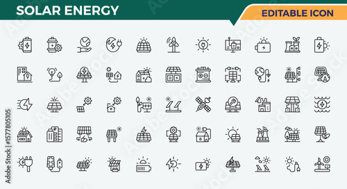 Solar Energy icon set in linear style. Simple line vector icons. Pixel perfect. Editable vector. Panel related icon set. Contains outline symbols like energy, electric, power, sun, panel and more.