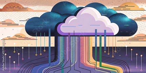 Digital cloud computing concept with colorful data streams flowing down to network connections.