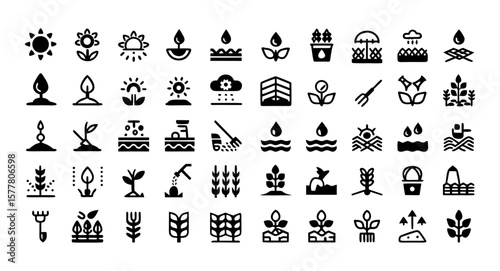 Soil Regeneration and Sustainable Agriculture Line Icon Set – Thin Linear Vector Pictograms of Irrigation Systems, Erosion Control, Nutrient Management, and AI-Based Agricultural Tools