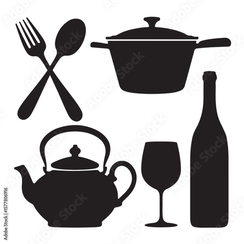 A vector illustration of an isolated set of stainless steel kitchen utensils including a red pan, pot, and saucepan with lids on a white background