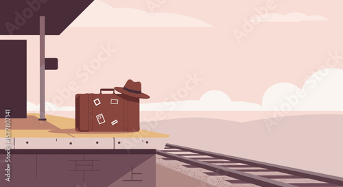Luggage and hat beside train platform, flat vector in pastel tones
