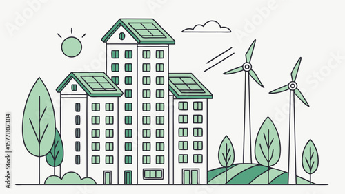 Sustainable city landscape with solar panel buildings and windmills for clean energy generation concept design