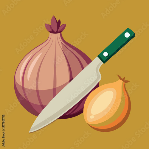 Chopped onion with knife illustration for kitchen and cooking Line Art Vector Illustration