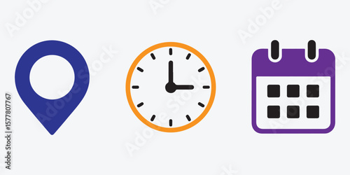 Colorful vector icons representing location time and calendar for planning and scheduling tasks