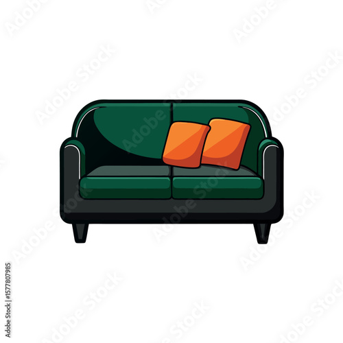 Dark green couch with orange pillow for cozy room theme Line Art Vector Illustration