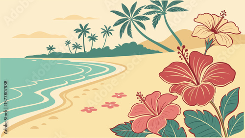 Tropical beach scene with hibiscus flowers and palm trees vector illustration summer vacation design 100
