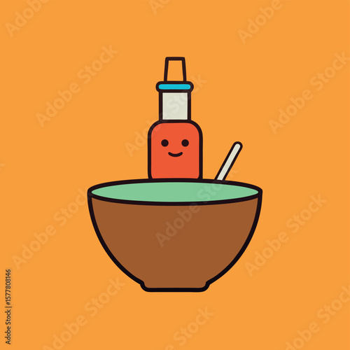 Mixing bowl with soy sauce bottle for food preparation Line Art Vector Illustration