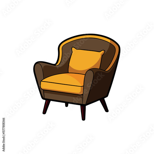 Stylish dark brown armchair with mustard cushion design Line Art Vector Illustration