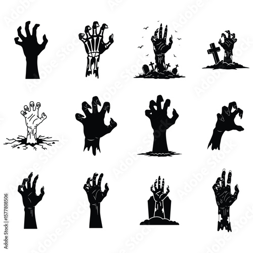zombie hand rising from the grave vector icon set