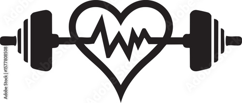 Heartbeat Barbell Fitness and Health Symbol with Weightlifting Equipment and Heart Rhythm Line Black and White