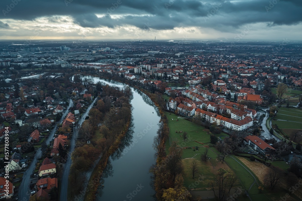 Fototapeta premium Exploring the picturesque landscape of Neckarweihingen, Germany before Christmas celebrations, Aerial view of Neckarweihingen, germany before Christmas on a cloudy afternoon in December