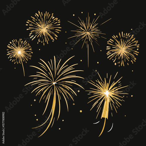 Golden Fireworks Vector – Festive Celebration on Black Background