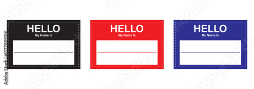 Hello, my name is introduction red flat label. Hello my name is sticker tag vector. Hello my name is card, Label sticker, introduce badge welcome.