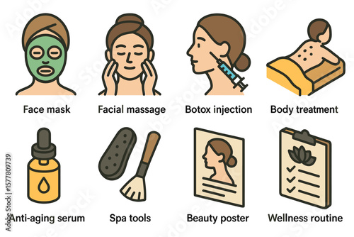 Beauty and self-care icons featuring spa, facial, and wellness treatments