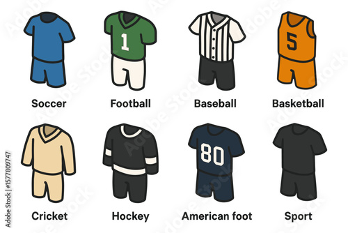 Diverse sports uniforms set featuring soccer, football, baseball, basketball, and more