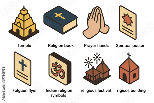 Isometric religion symbols: temple, book, prayer hands, and cultural icons