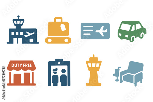 Flat airport icons: travel, security, luggage, and transport symbols