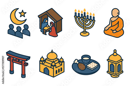 Colorful religious and cultural symbols set featuring iconic elements in isometric style