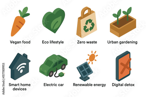 Sustainable living icons featuring eco lifestyle and renewable energy