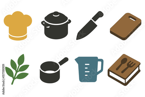Colorful kitchen utensils in flat style for cooking and culinary design