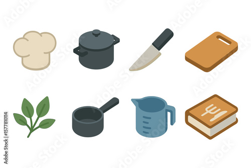 Isometric kitchenware set: cookware, utensils, and culinary elements for chefs