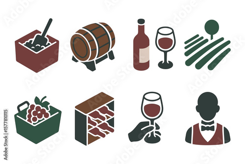 Winemaking icons: barrel, wine, glass, vineyard, grapes, sommelier
