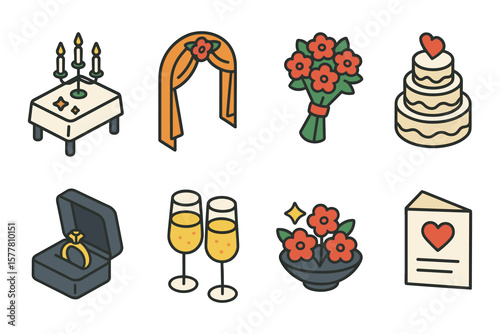 Charming wedding icons: rings, flowers, cake, and decorations