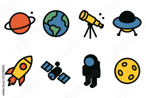 Colorful space icons featuring planets, telescope, ufo, rocket, satellite, astronaut, and moon