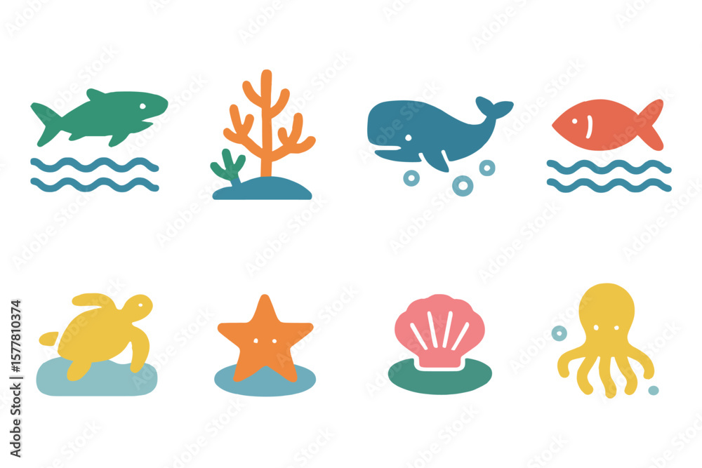Naklejka premium Colorful marine life icons: whimsical ocean animals and coral elements